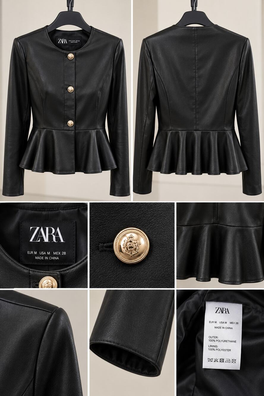ZARA Black Faux Leather Peplum Jacket Gold Buttons Size M